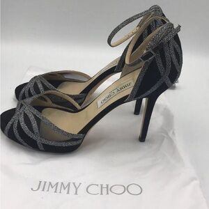 Jimmy Choo Black Suede Heels with Silver Glitter Straps